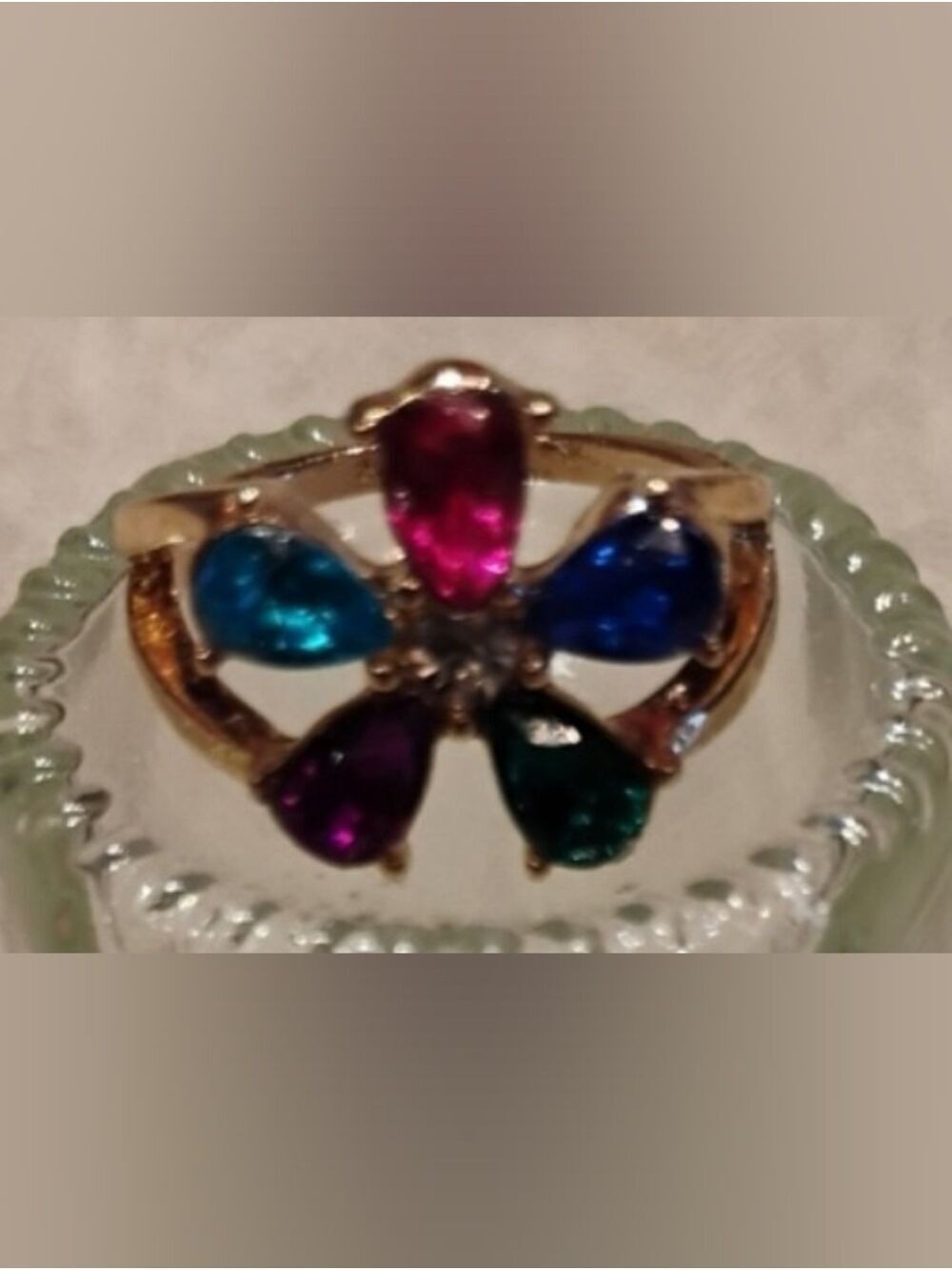 Gold Flower Multistone Ring in Blue, Teal, Purple ,Pink and White Crystals - Picture 2 of 2